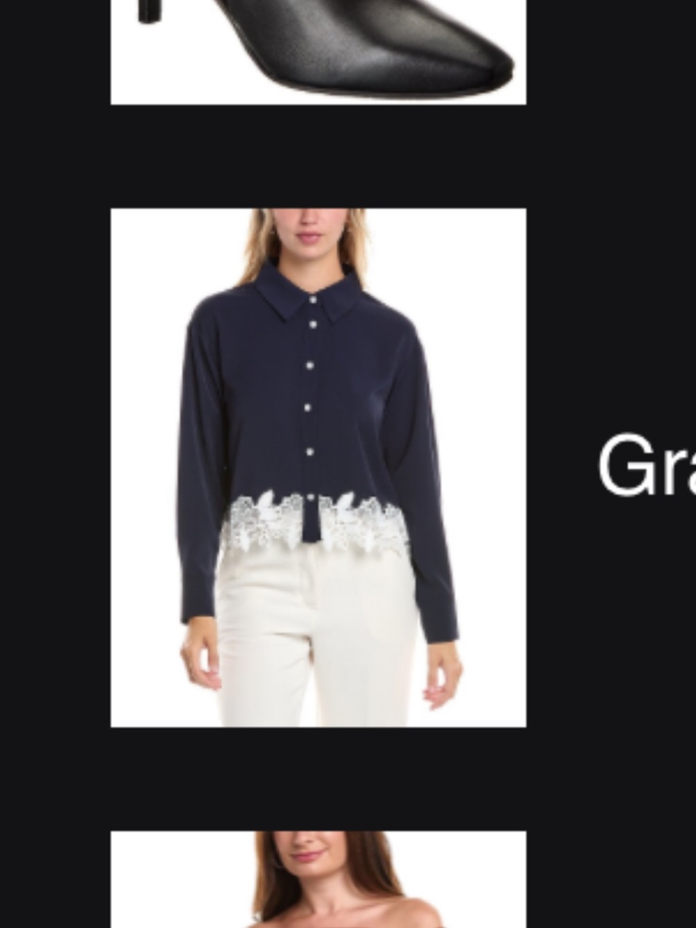 Gracia Navy Long-Sleeve Button Blouse with White Lace Hem